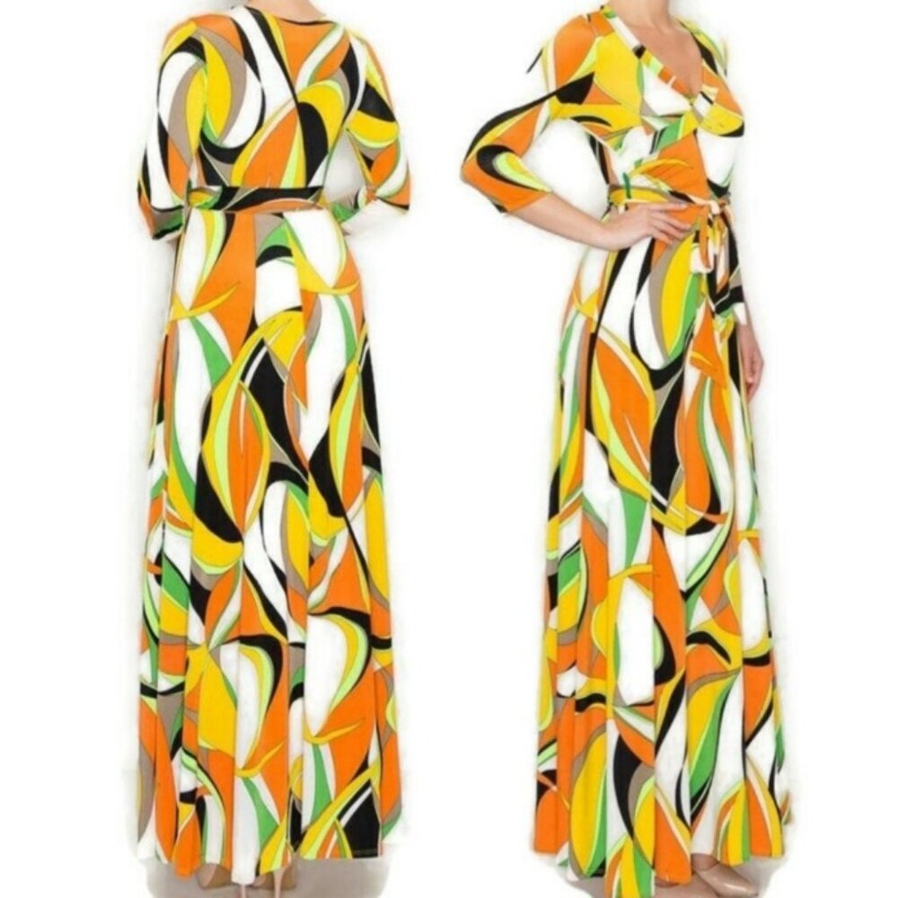 Janette Fashion Seventies Retro Swirl Faux Wrap Maxi Dress